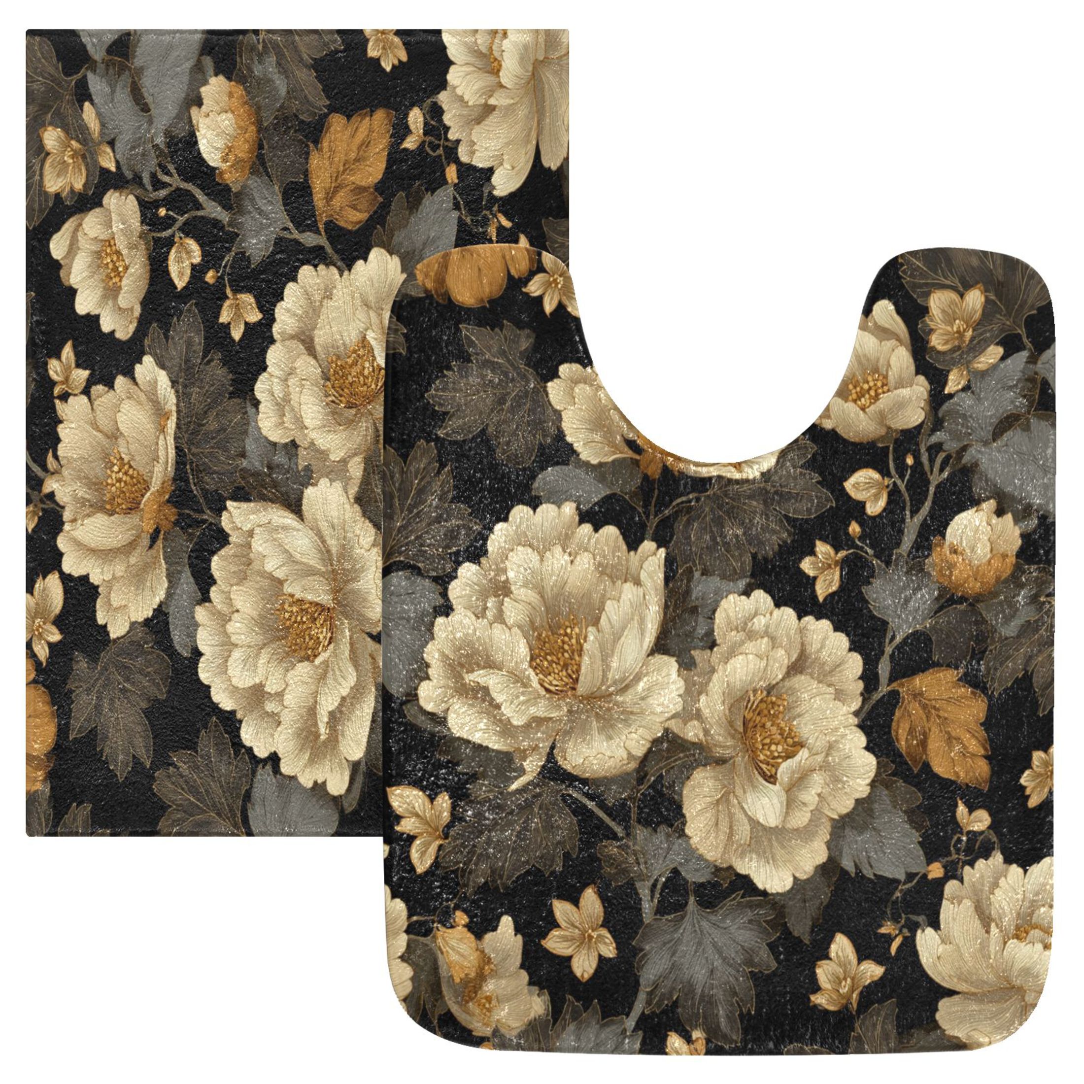 2 Piece Bath Mat Set with U-Shaped Toilet Mat and Rectangle Bath Rugs Non Slip Machine Washable Bathroom Mats Elegant Beige Floral