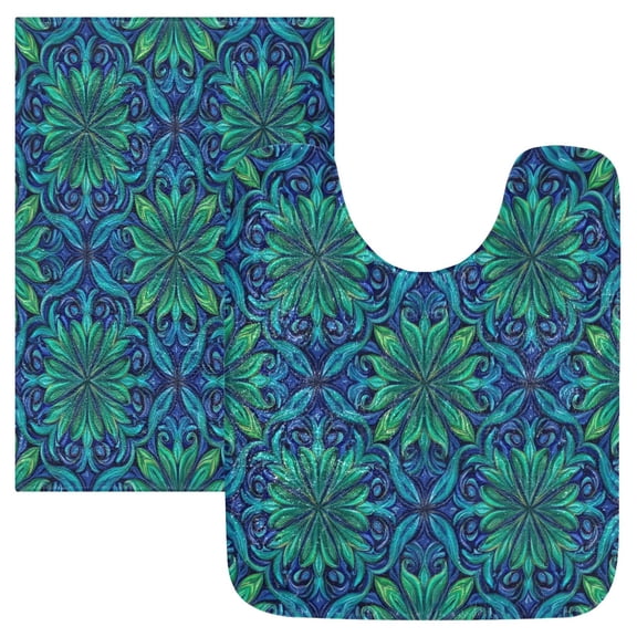 2 Piece Bath Mat Set with U-Shaped Toilet Mat and Rectangle Bath Rugs Non Slip Machine Washable Bathroom Mats Elegant Blue Traditional Patterns