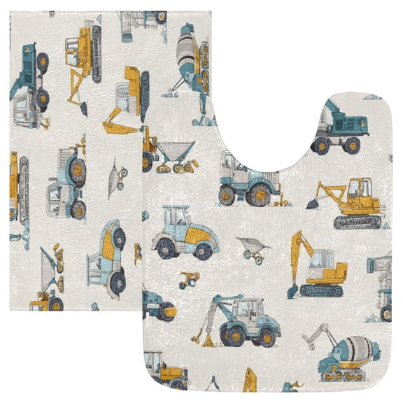 2 Piece Bath Mat Set with U-Shaped Toilet Mat and Rectangle Bath Rugs Non Slip Machine Washable Bathroom Mats Engineering Vehicle Pattern