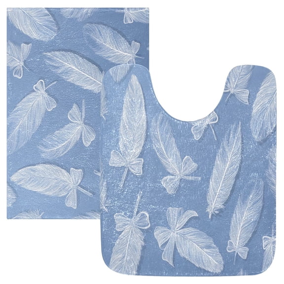 2 Piece Bath Mat Set with U-Shaped Toilet Mat and Rectangle Bath Rugs Non Slip Machine Washable Bathroom Mats Exquisite White Feathers