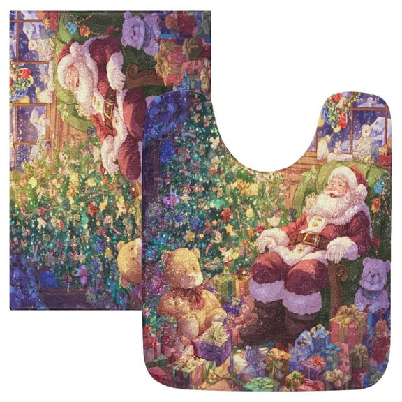 2 Piece Bath Mat Set with U-Shaped Toilet Mat and Rectangle Bath Rugs Non Slip Machine Washable Bathroom Mats Festive Christmas Scene