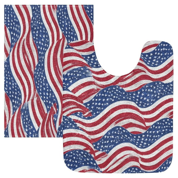 2 Piece Bath Mat Set with U-Shaped Toilet Mat and Rectangle Bath Rugs Non Slip Machine Washable Bathroom Mats Flags Wave Pattern