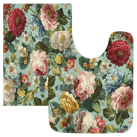 2 Piece Bath Mat Set with U-Shaped Toilet Mat and Rectangle Bath Rugs Non Slip Machine Washable Bathroom Mats Floral Pattern with Roses