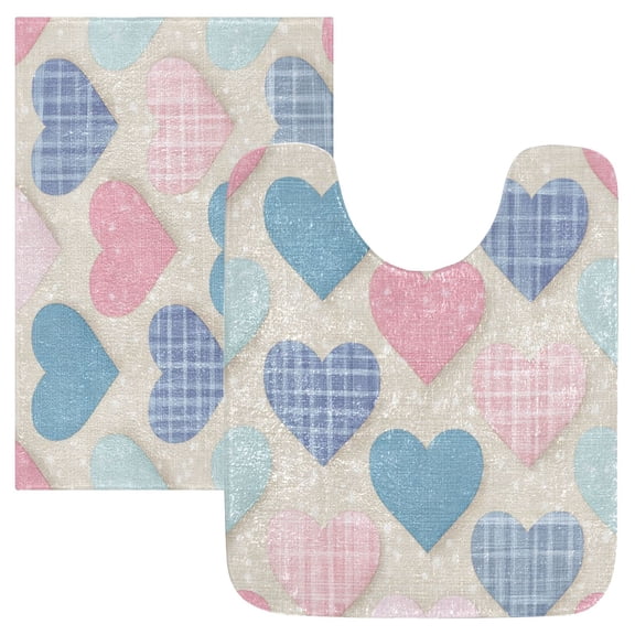 2 Piece Bath Mat Set with U-Shaped Toilet Mat and Rectangle Bath Rugs Non Slip Machine Washable Bathroom Mats Gingham Heart-shaped Pattern