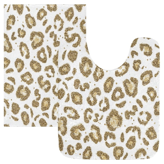 2 Piece Bath Mat Set with U-Shaped Toilet Mat and Rectangle Bath Rugs Non Slip Machine Washable Bathroom Mats Gold Leopard Print Pattern