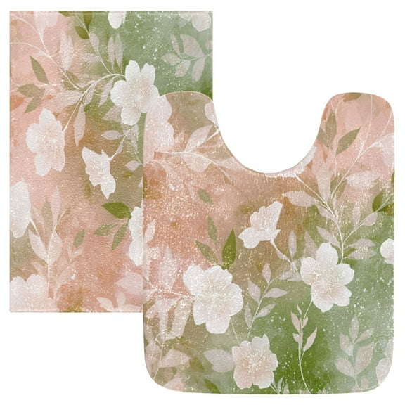 2 Piece Bath Mat Set with U-Shaped Toilet Mat and Rectangle Bath Rugs Non Slip Machine Washable Bathroom Mats Gradient Elegant Floral