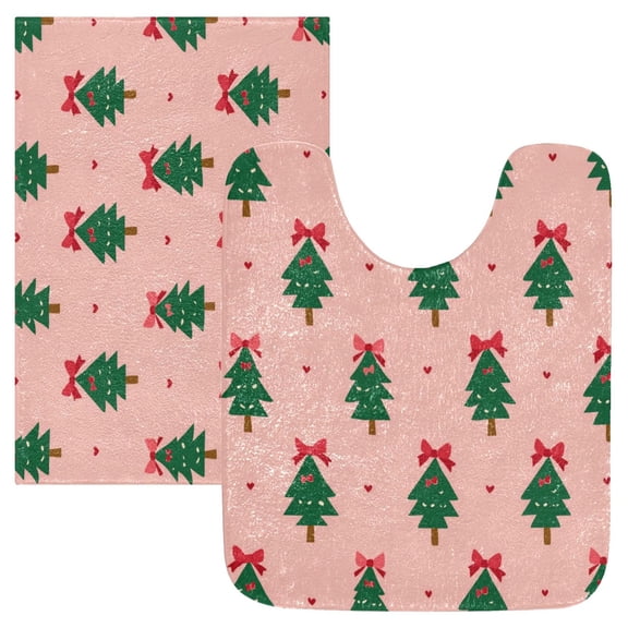2 Piece Bath Mat Set with U-Shaped Toilet Mat and Rectangle Bath Rugs Non Slip Machine Washable Bathroom Mats Green Trees and Red Bows