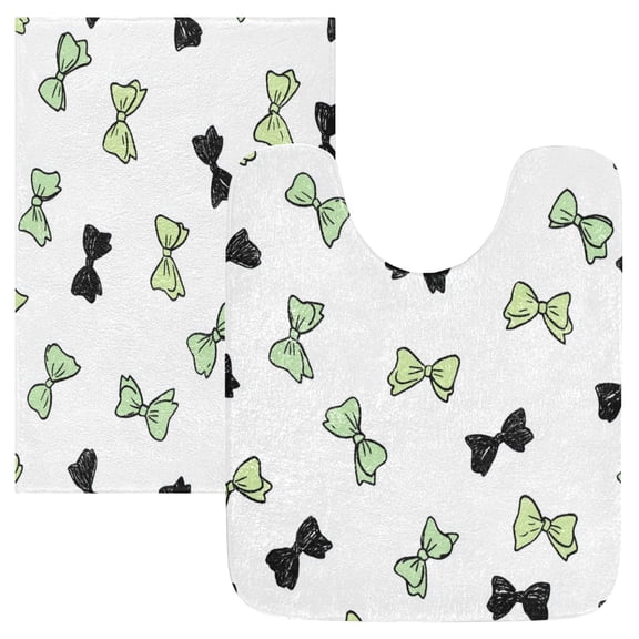 2 Piece Bath Mat Set with U-Shaped Toilet Mat and Rectangle Bath Rugs Non Slip Machine Washable Bathroom Mats Green and Black Bows