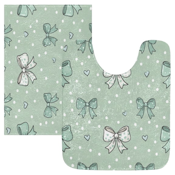2 Piece Bath Mat Set with U-Shaped Toilet Mat and Rectangle Bath Rugs Non Slip Machine Washable Bathroom Mats Green and Mint Bows