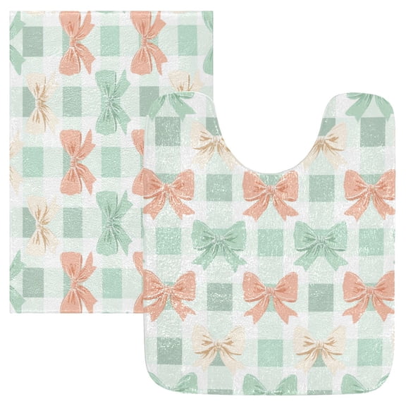 2 Piece Bath Mat Set with U-Shaped Toilet Mat and Rectangle Bath Rugs Non Slip Machine Washable Bathroom Mats Green and Peach Bow Pattern