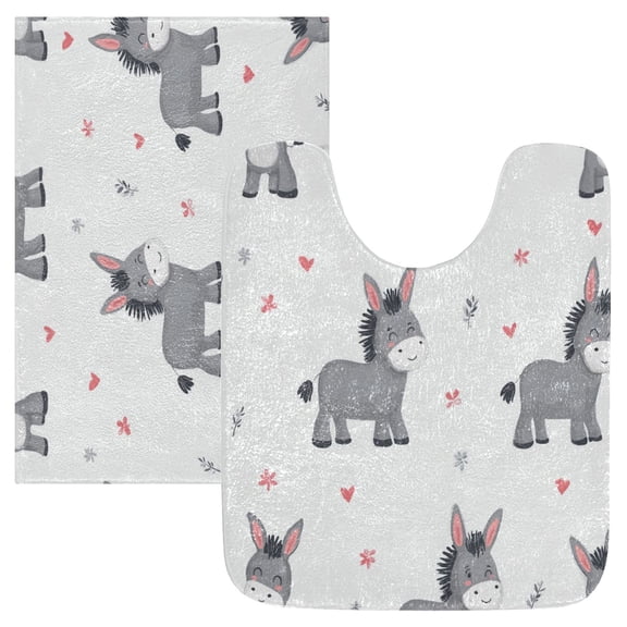 2 Piece Bath Mat Set with U-Shaped Toilet Mat and Rectangle Bath Rugs Non Slip Machine Washable Bathroom Mats Grey Cute Donkeys Pattern