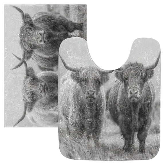 2 Piece Bath Mat Set with U-Shaped Toilet Mat and Rectangle Bath Rugs Non Slip Machine Washable Bathroom Mats Grey Highland Cattle