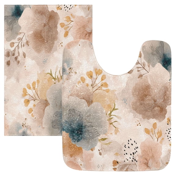2 Piece Bath Mat Set with U-Shaped Toilet Mat and Rectangle Bath Rugs Non Slip Machine Washable Bathroom Mats Hazy Ethereal Flowers