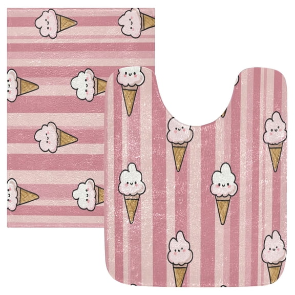 2 Piece Bath Mat Set with U-Shaped Toilet Mat and Rectangle Bath Rugs Non Slip Machine Washable Bathroom Mats Ice Cream Pattern with Striped