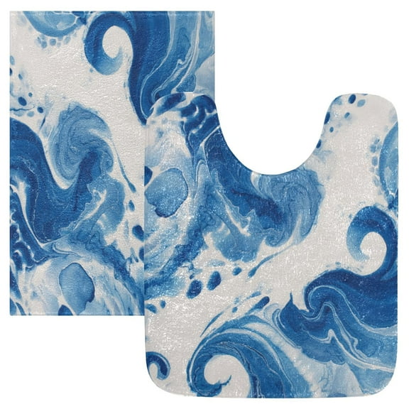 2 Piece Bath Mat Set with U-Shaped Toilet Mat and Rectangle Bath Rugs Non Slip Machine Washable Bathroom Mats Indigo Blue Tie-dye Pattern