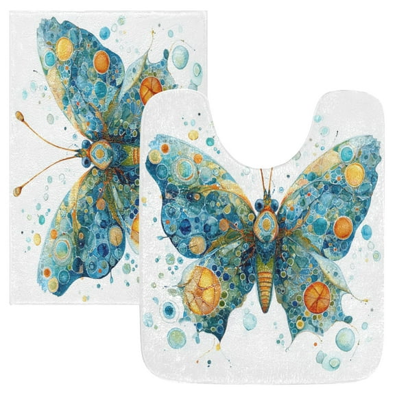 2 Piece Bath Mat Set with U-Shaped Toilet Mat and Rectangle Bath Rugs Non Slip Machine Washable Bathroom Mats Intricately Butterfly