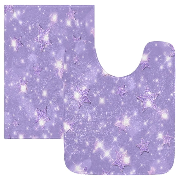 2 Piece Bath Mat Set with U-Shaped Toilet Mat and Rectangle Bath Rugs Non Slip Machine Washable Bathroom Mats Lavender Glitter Stars Pattern