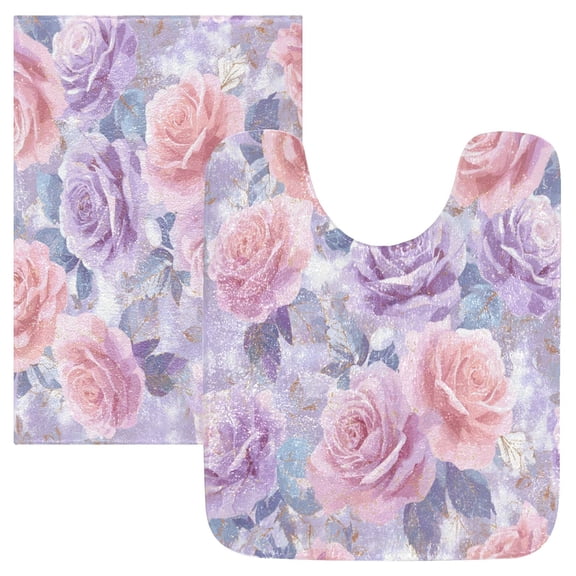 2 Piece Bath Mat Set with U-Shaped Toilet Mat and Rectangle Bath Rugs Non Slip Machine Washable Bathroom Mats Lavender Watercolor Roses