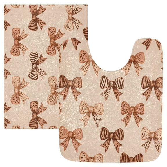 2 Piece Bath Mat Set with U-Shaped Toilet Mat and Rectangle Bath Rugs Non Slip Machine Washable Bathroom Mats Leopard Print Bow