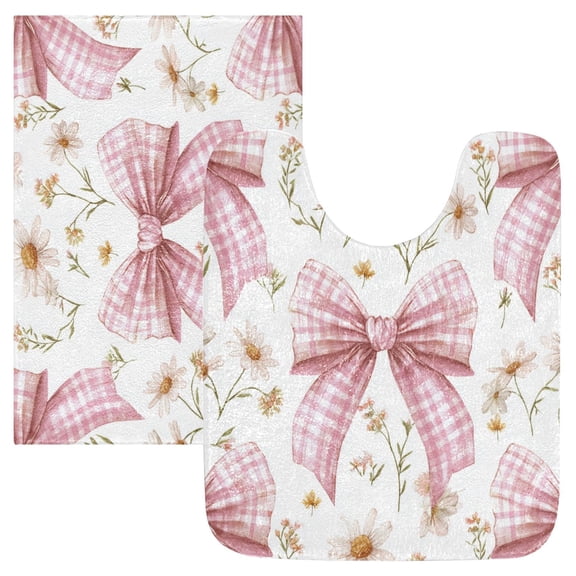 2 Piece Bath Mat Set with U-Shaped Toilet Mat and Rectangle Bath Rugs Non Slip Machine Washable Bathroom Mats Light Pink Bow