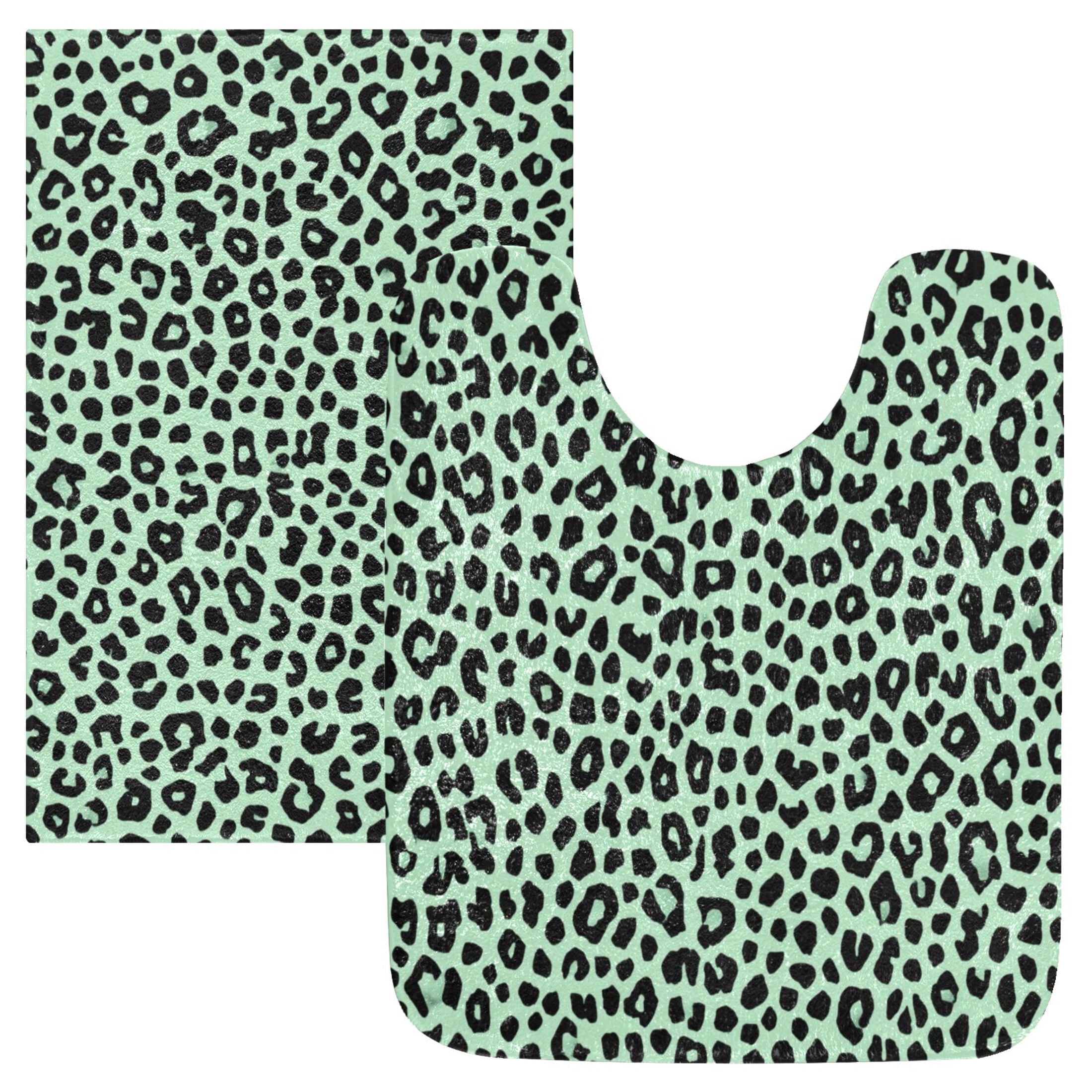2 Piece Bath Mat Set with U-Shaped Toilet Mat and Rectangle Bath Rugs Non Slip Machine Washable Bathroom Mats Mint Green Leopard Print