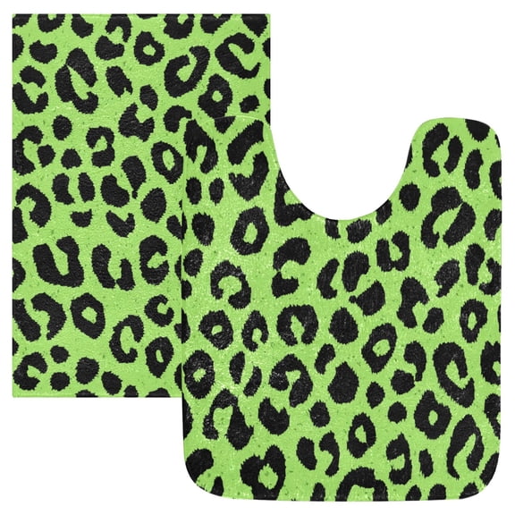 2 Piece Bath Mat Set with U-Shaped Toilet Mat and Rectangle Bath Rugs Non Slip Machine Washable Bathroom Mats Neon Green Leopard Print