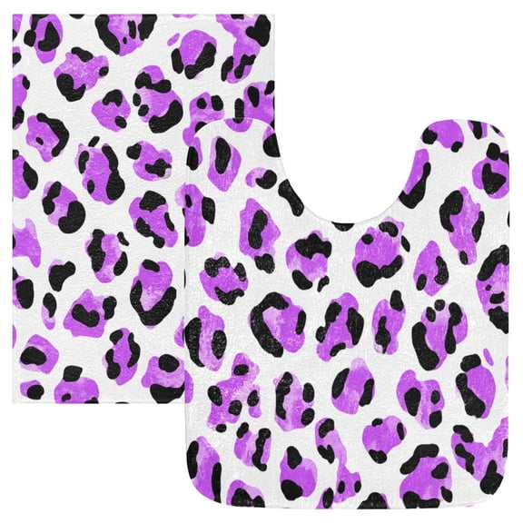 2 Piece Bath Mat Set with U-Shaped Toilet Mat and Rectangle Bath Rugs Non Slip Machine Washable Bathroom Mats Neon Purple Leopard Print