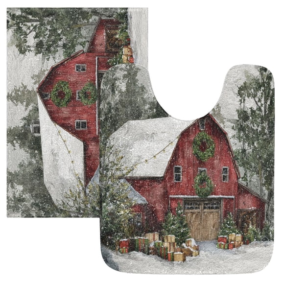 2 Piece Bath Mat Set with U-Shaped Toilet Mat and Rectangle Bath Rugs Non Slip Machine Washable Bathroom Mats Old Red Barn