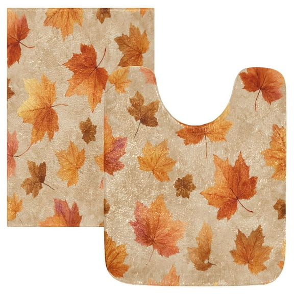 2 Piece Bath Mat Set with U-Shaped Toilet Mat and Rectangle Bath Rugs Non Slip Machine Washable Bathroom Mats Orange Autumn Leaves Pattern