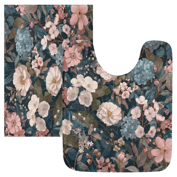 2 Piece Bath Mat Set with U-Shaped Toilet Mat and Rectangle Bath Rugs Non Slip Machine Washable Bathroom Mats Pale Pink Flowers