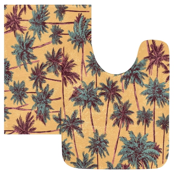 2 Piece Bath Mat Set with U-Shaped Toilet Mat and Rectangle Bath Rugs Non Slip Machine Washable Bathroom Mats Palm Trees Pattern