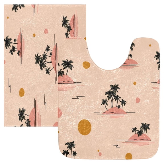 2 Piece Bath Mat Set with U-Shaped Toilet Mat and Rectangle Bath Rugs Non Slip Machine Washable Bathroom Mats Palm Trees and Suns Pattern