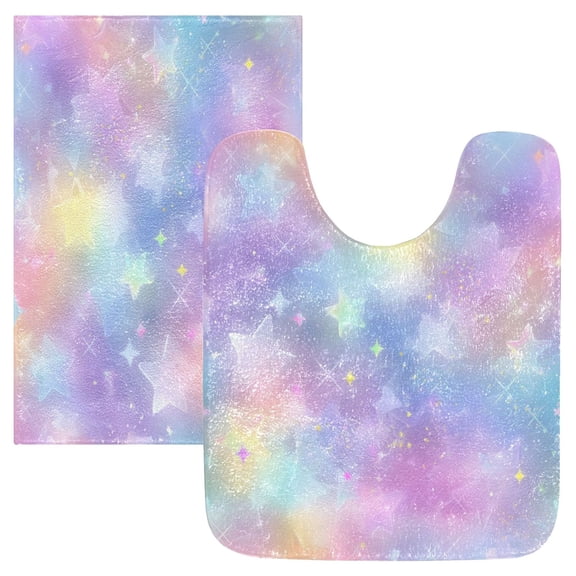 2 Piece Bath Mat Set with U-Shaped Toilet Mat and Rectangle Bath Rugs Non Slip Machine Washable Bathroom Mats Pastel Colors Stars Pattern