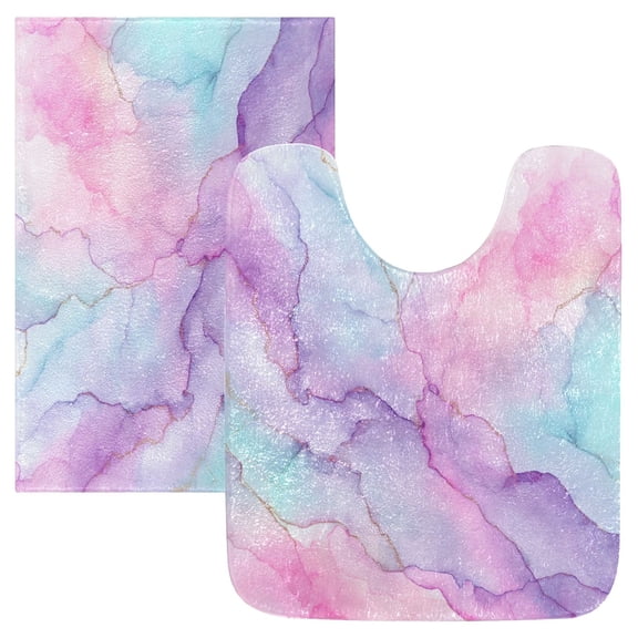 2 Piece Bath Mat Set with U-Shaped Toilet Mat and Rectangle Bath Rugs Non Slip Machine Washable Bathroom Mats Pastel Pink Marble Texture