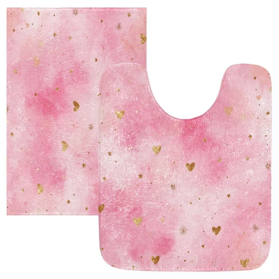 2 Piece Bath Mat Set with U-Shaped Toilet Mat and Rectangle Bath Rugs Non Slip Machine Washable Bathroom Mats Pink Background with Hearts