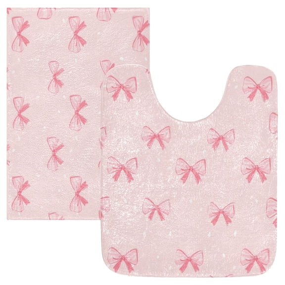 2 Piece Bath Mat Set with U-Shaped Toilet Mat and Rectangle Bath Rugs Non Slip Machine Washable Bathroom Mats Pink Bow Pattern