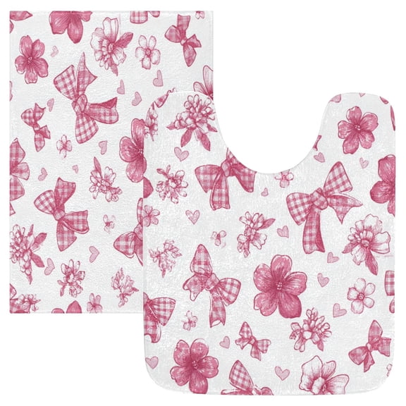 2 Piece Bath Mat Set with U-Shaped Toilet Mat and Rectangle Bath Rugs Non Slip Machine Washable Bathroom Mats Pink Bow and Checkered Flower