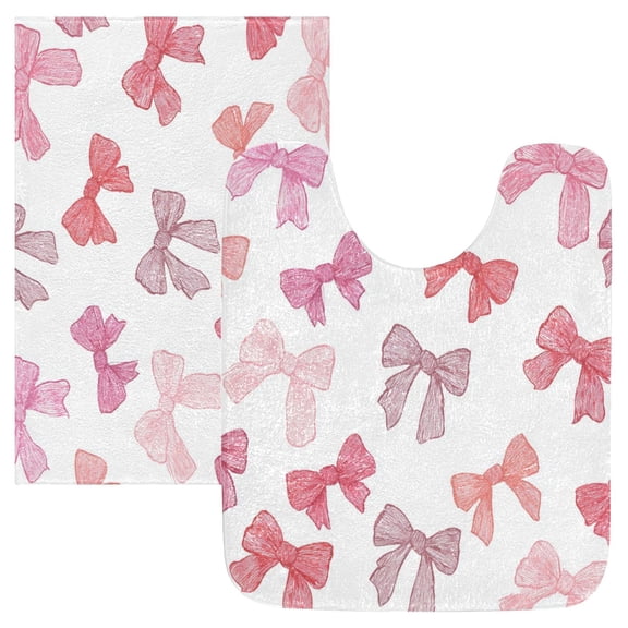 2 Piece Bath Mat Set with U-Shaped Toilet Mat and Rectangle Bath Rugs Non Slip Machine Washable Bathroom Mats Pink Bows Pattern