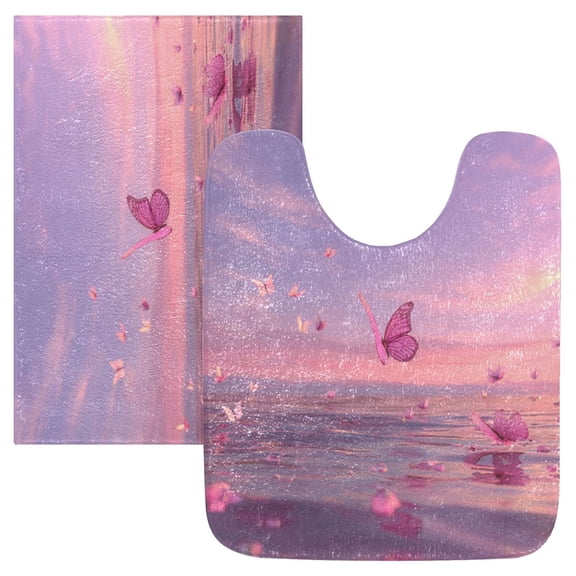 2 Piece Bath Mat Set with U-Shaped Toilet Mat and Rectangle Bath Rugs Non Slip Machine Washable Bathroom Mats Pink Butterflies Flying