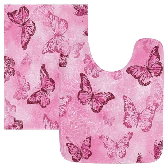 2 Piece Bath Mat Set with U-Shaped Toilet Mat and Rectangle Bath Rugs Non Slip Machine Washable Bathroom Mats Pink Butterfly Pattern