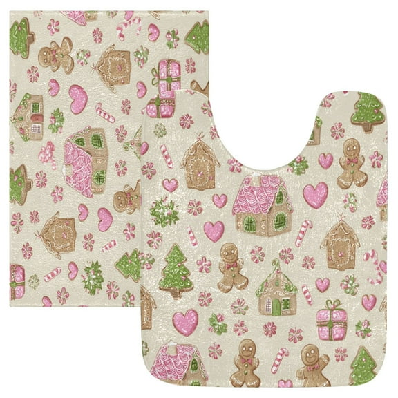 2 Piece Bath Mat Set with U-Shaped Toilet Mat and Rectangle Bath Rugs Non Slip Machine Washable Bathroom Mats Pink Cute Christmas Pattern