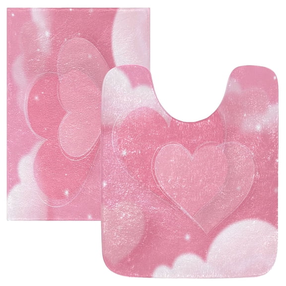 2 Piece Bath Mat Set with U-Shaped Toilet Mat and Rectangle Bath Rugs Non Slip Machine Washable Bathroom Mats Pink Dreamy Heart