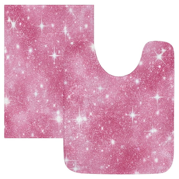 2 Piece Bath Mat Set with U-Shaped Toilet Mat and Rectangle Bath Rugs Non Slip Machine Washable Bathroom Mats Pink Glitter Background