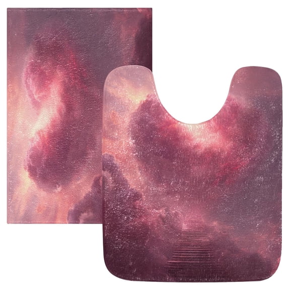 2 Piece Bath Mat Set with U-Shaped Toilet Mat and Rectangle Bath Rugs Non Slip Machine Washable Bathroom Mats Pink Heart-shaped Cloud