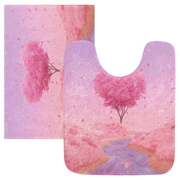 2 Piece Bath Mat Set with U-Shaped Toilet Mat and Rectangle Bath Rugs Non Slip Machine Washable Bathroom Mats Pink Heart-shaped Tree