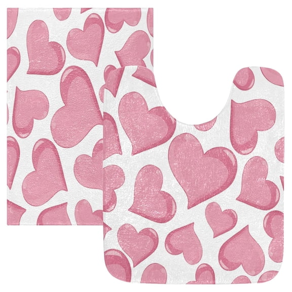 2 Piece Bath Mat Set with U-Shaped Toilet Mat and Rectangle Bath Rugs Non Slip Machine Washable Bathroom Mats Pink Hearts Pattern