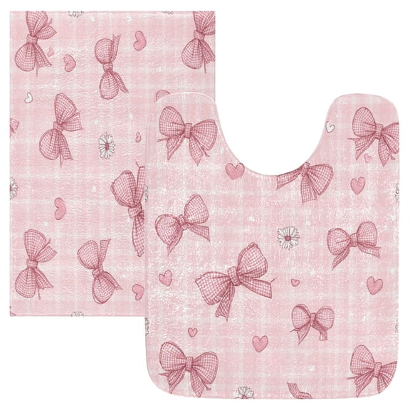 2 Piece Bath Mat Set with U-Shaped Toilet Mat and Rectangle Bath Rugs Non Slip Machine Washable Bathroom Mats Pink Plaid Bow