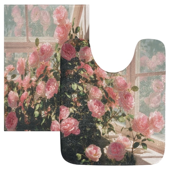 2 Piece Bath Mat Set with U-Shaped Toilet Mat and Rectangle Bath Rugs Non Slip Machine Washable Bathroom Mats Pink Rose Bushes