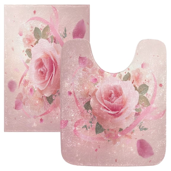 2 Piece Bath Mat Set with U-Shaped Toilet Mat and Rectangle Bath Rugs Non Slip Machine Washable Bathroom Mats Pink Rose Pattern