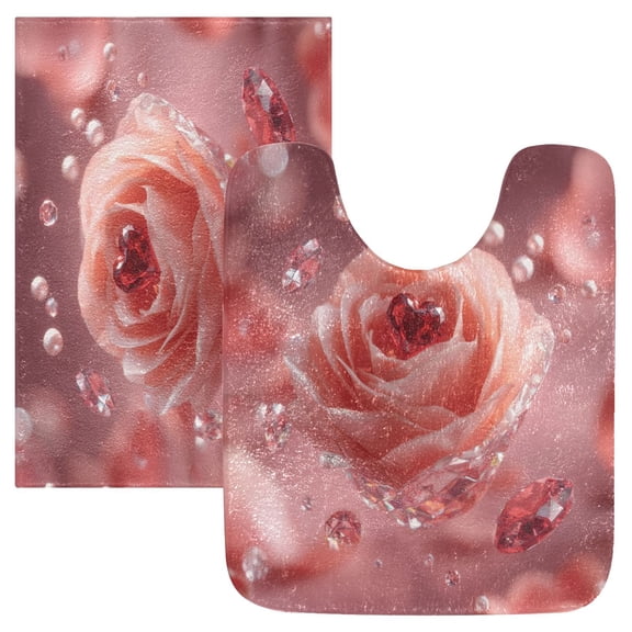 2 Piece Bath Mat Set with U-Shaped Toilet Mat and Rectangle Bath Rugs Non Slip Machine Washable Bathroom Mats Pink Rose with Red Heart-shaped